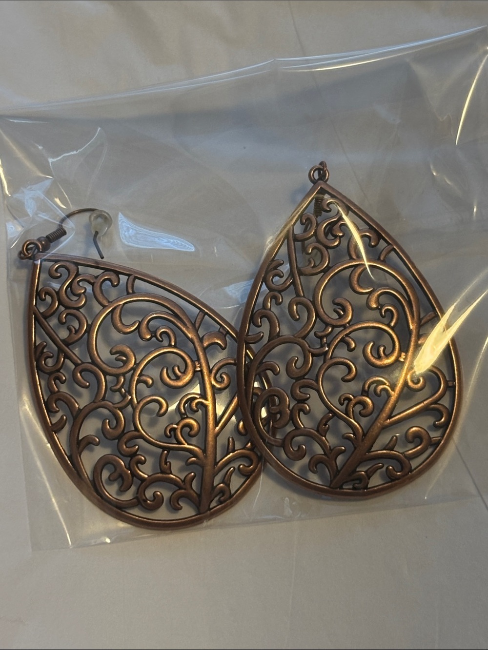Filigree Teardrop Hoop Earrings - Antique Copper Tone